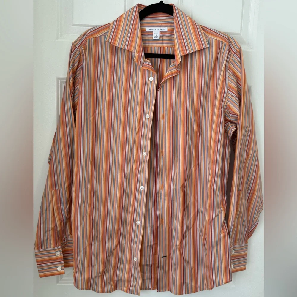 Y2k Banana Republic Orange Stripe Shirt Sz M 15 Long Sleeve Preppy Business vtg